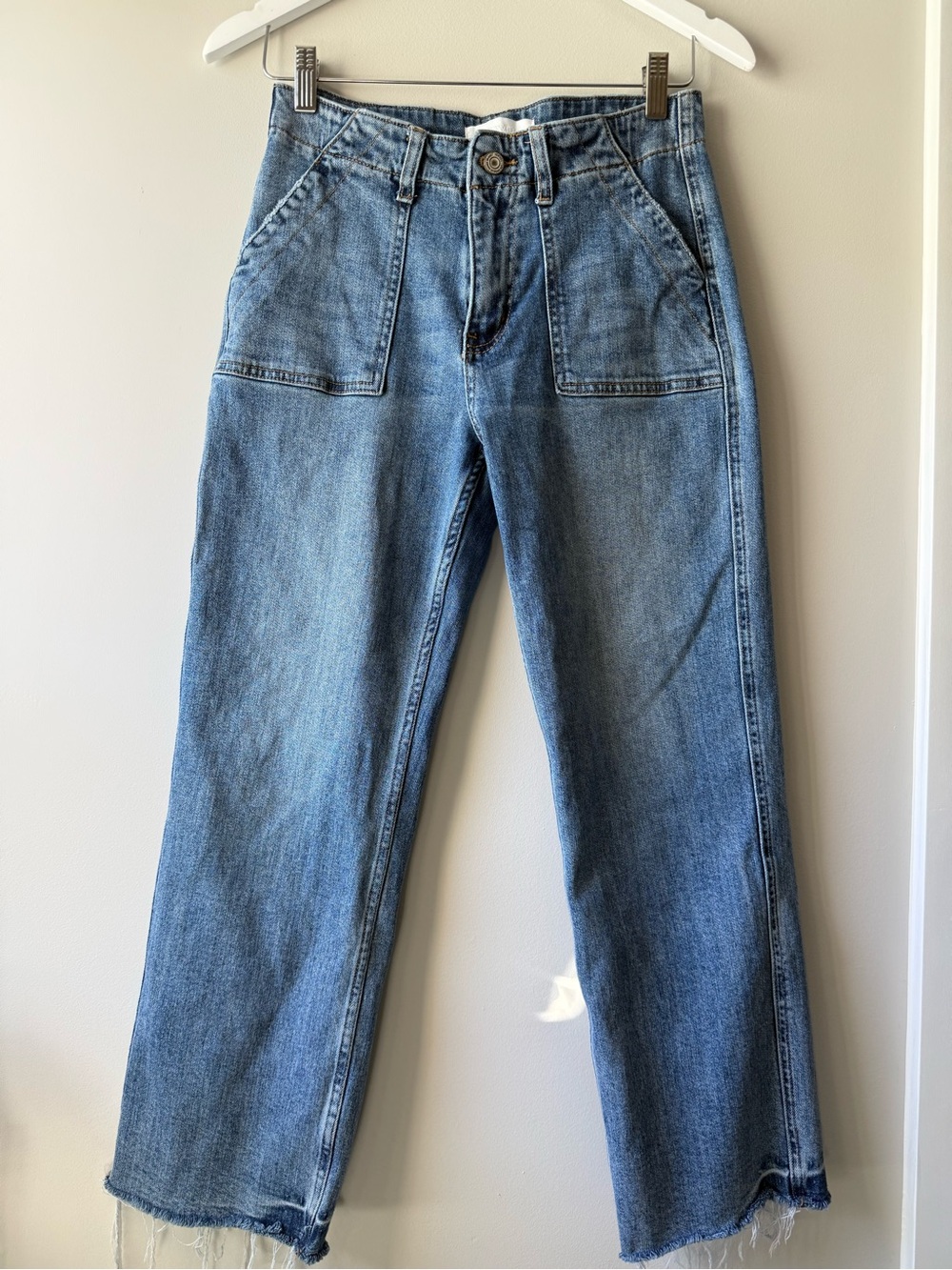 Vervet Blue High Rise Utility Straight Leg Jeans Raw Hem Size 26